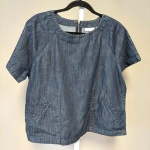 New York Company Denim Chambray Top Size L Short Sleeve Boxy Pockets Minimalist
